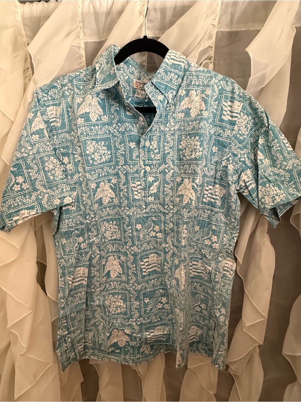 reyn spooner Teal and White Short-Sleeve Aloha Shirt